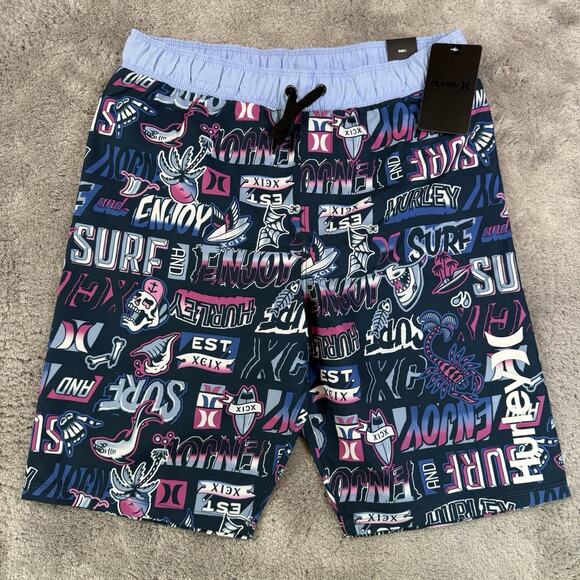 Hurley Boys Valerian Blue Board Shorts Size L 12-13 Surf Swim Trunks NWT - Picture 1 of 6